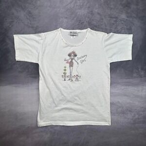 Vintage Get Lucky USA Society Girl Rhinestone Graphic T-Shirt White Small Y2K